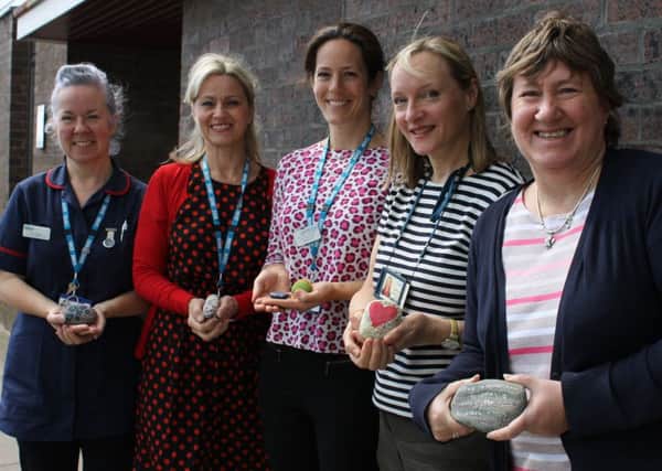 Consultant in Palliative Care Dr Anna Porteous, centre, End of Life Care Facilitator Sharon Rooney, second from left, and specialist palliative care nurses Tina Mitchell, Bev Ferguson and Dawn Townsley with some of the decorated pebbles