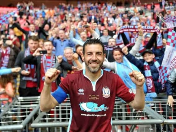 Julio Arca with South Shields fans after their Wembley success