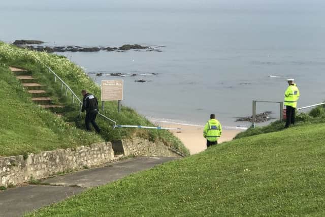 Police cordoned off the steps to Marsden beach, South Shields, after a car was found halfway down. Pic: Robin Hunter.
