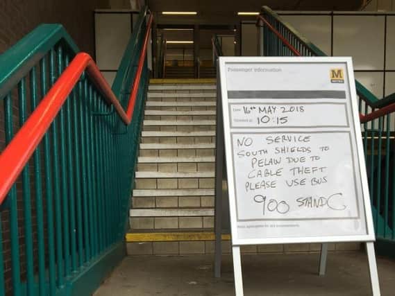 The sign put up to warn passengers of the problems outside the station at South Shields today.