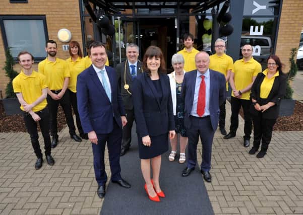 Business Minister  Andrew Griffiths (centre left)  with Mayor of South Tyneside Coun Ken Stephenson, Beyond Digital's Louise Richley, Mayoress Mrs Cathy Stephenson and Jarrow MP Stephen Hepburn and members of the firm's staff
