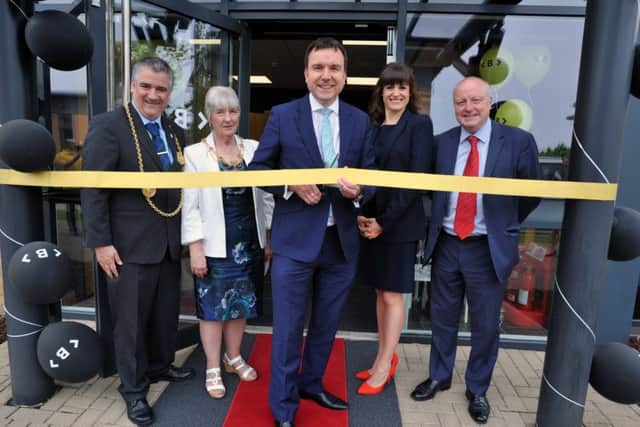 Andrew Griffiths cuts the ribbon, watched by Mayor of South Tyneside Coun Ken Stephenson, Mayoress Mrs Cathy Stephenson, Beyond Digital's Louise Richley and Jarrow MP Stephen Hepburn