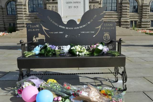 The memorial bench  to Chloe Rutherford and Liam Curry at South Shields Town Hall