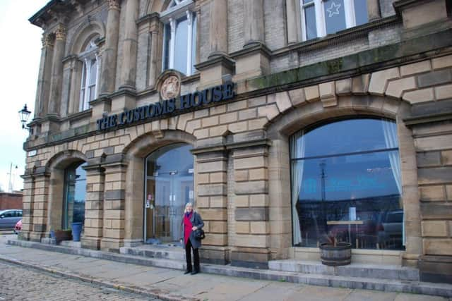 Sylvia Topp outside The Customs House, South Shields where Lawrence O'Shaughnessy (Eileen's father) worked.