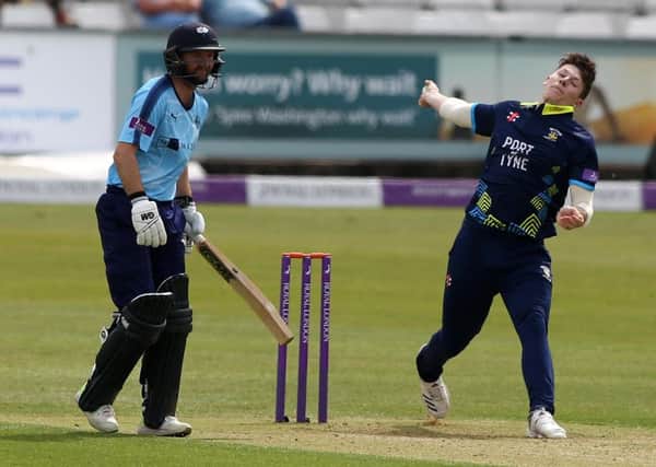 Matty Potts bowls for Durham against Yorkshire. Picture by Tom Banks