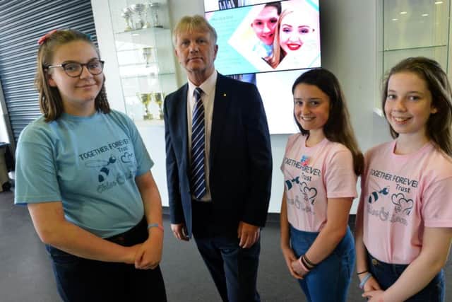 Chloe Rutherford and Liam Curry one year anniversary tribute at Harton Academy. From left Libby Taylor, 13, Sir Ken Gibbson executive headteacher, Eli-Jo House, 12 and  Charlotte Harwood, 12.